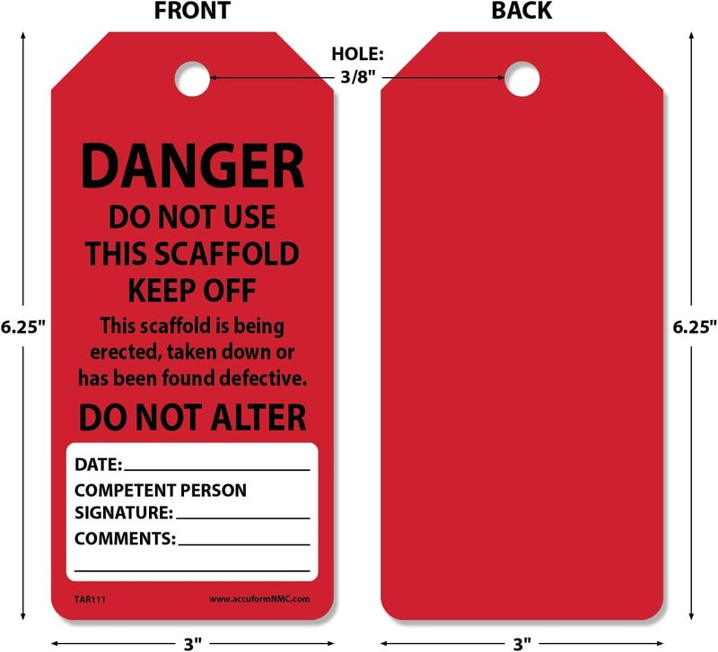 NMC AccuformNMC 250 Scaffolding Tags by-The-Roll, Do Not Use This Scaffold Keep Off, US Made OSHA Compliant Scaffold Tags, Waterproof PF-Cardstock, Resists Tears, 6.25"x3", TAR111 - Image 2